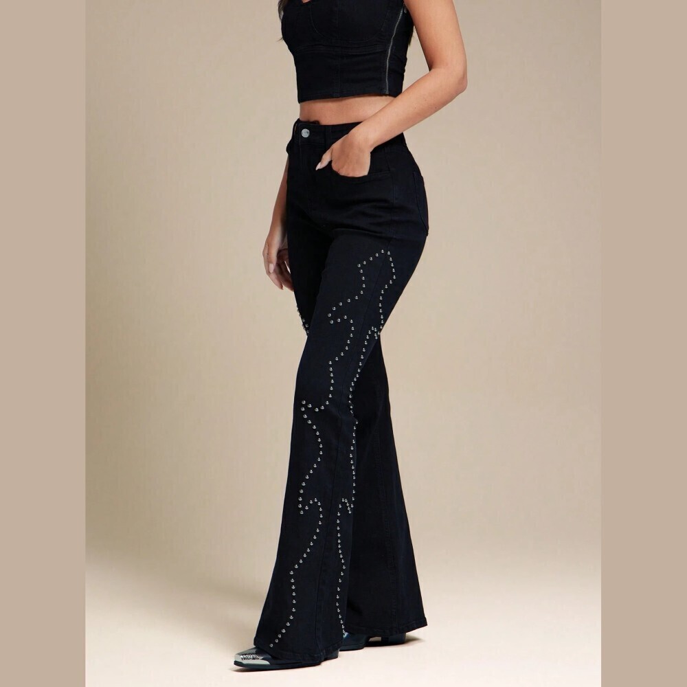 Black Denim Western Studded Swirl High Waist Extra Long Bell Flare Jeans
